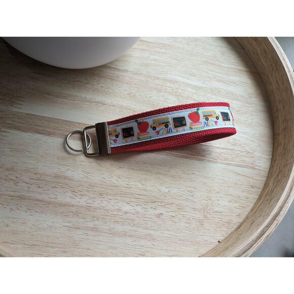 Keychain Wristlet School Teacher Fabric Key FOB Apples Pencils Bus Gift Educator - Picture 3 of 7